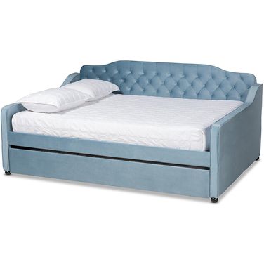 Baxton Studio Freda Transitional and Contemporary Light Blue Velvet Fabric Upholstered and Button Tufted Full Size Daybed with Trundle