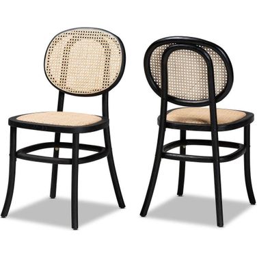 Baxton Studio Garold Mid-Century Modern Brown Woven Rattan And Black Wood 2-Piece Cane Dining Chair Set
