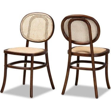 Baxton Studio Garold Mid-Century Modern Brown Woven Rattan And Walnut Brown Wood 2-Piece Cane Dining Chair Set