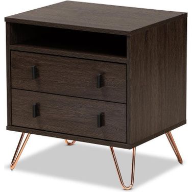 Glover Modern And Contemporary Dark Brown Wood And Rose Gold Tone Finished Metal 2 Drawer Nightstand