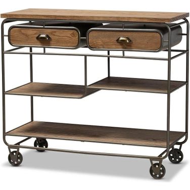 Grant Vintage Rustic Industrial Oak Brown Wood And Black Finished Metal 2 Drawer Kitchen Cart