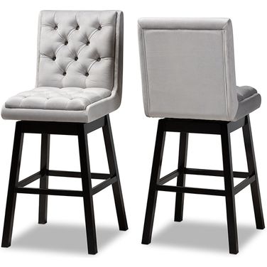 Baxton Studio Gregory Modern Transitional Light Grey Velvet Fabric Upholstered and Dark Brown Finished Wood 2-Piece Swivel Bar Stool Set
