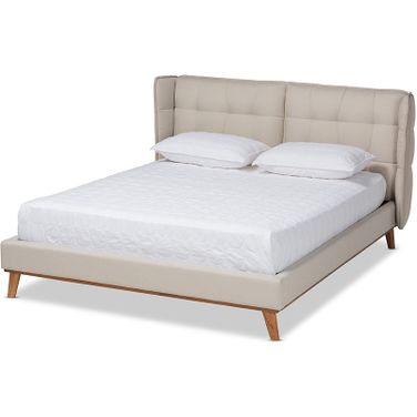 Baxton Studio Gretchen Modern and Contemporary Light Beige Fabric Upholstered and Walnut Brown Finished Wood Queen Size Platform Wingback Bed