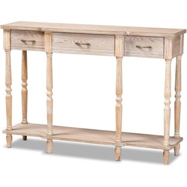 Baxton Studio Hallan Classic And Traditional French Provincial Rustic Whitewashed Oak Brown Finished Wood 3 Drawer Console Table
