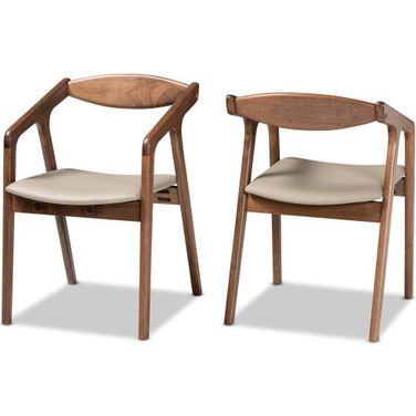 Baxton Studio Harland Mid-Century Modern Grey Faux Leather Upholstered And Walnut Brown Finished Wood 2-Piece Dining Chair Set