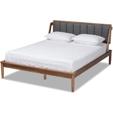 Baxton Studio Helsa Mid-Century Modern Dark Grey Fabric Upholstered and Walnut Finished Queen Size Platform Bed