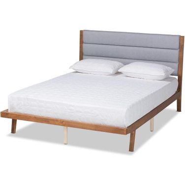 Baxton Studio Jarlan Modern and Contemporary Transitional Grey Fabric Upholstered and Walnut Brown Finished Wood Queen Size Platform Bed