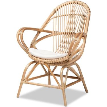 Baxton Studio Jayden Modern Bohemian White Fabric Upholstered and Natural Brown Finished Rattan Accent Chair