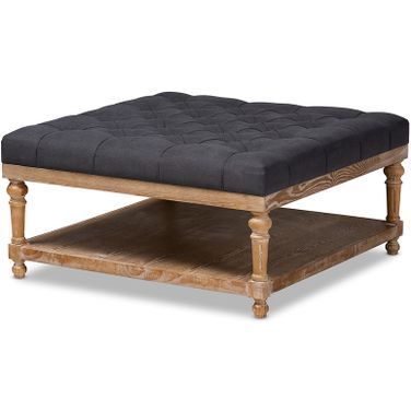 Baxton Studio Kelly Modern and Rustic Charcoal Linen Fabric Upholstered and Greywashed Wood Cocktail Ottoman
