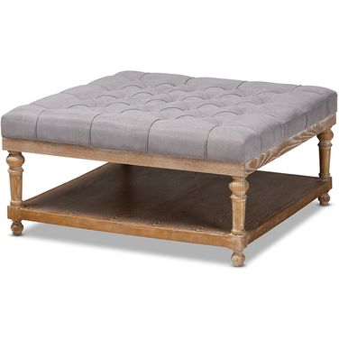 Baxton Studio Kelly Modern and Rustic Grey Linen Fabric Upholstered and Greywashed Wood Cocktail Ottoman