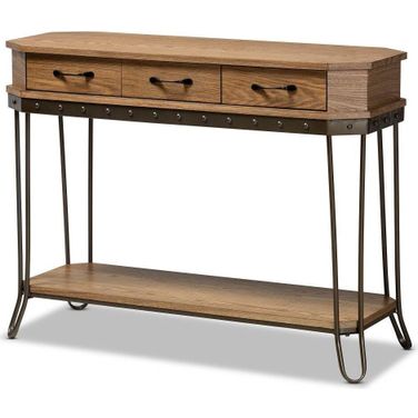 Kellyn Vintage Rustic Industrial Oak Brown Wood And Black Finished Metal 3 Drawer Console Table