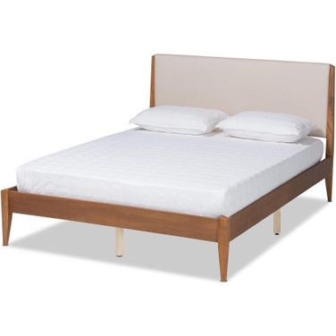 Baxton Studio Lenora Mid Century Modern Beige Fabric Upholstered and Walnut Brown Finished Wood Full Size Platform Bed