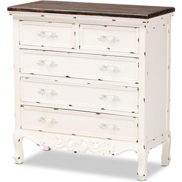 Baxton Studio Levron Classic And Traditional Two-Tone Walnut Brown And Antique White Finished Wood 5-Drawer Storage Cabinet