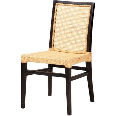 Baxton Studio Lingga Modern Bohemian Dark Brown Mahogany Wood and Natural Rattan Dining Chair