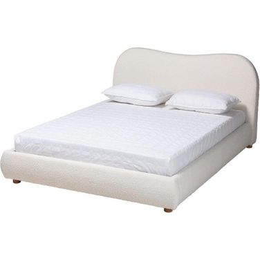 Baxton Studio Maya Mid Century Modern Cream Boucle Fabric and Oak Brown Finished Wood Queen Size Platform Bed
