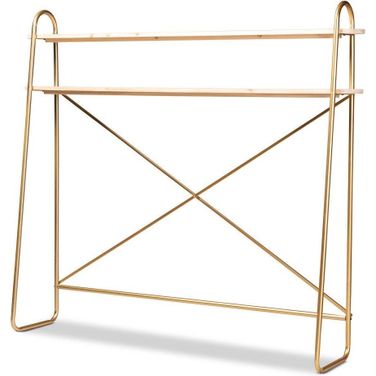 Merida Glam And Luxe Brushed Gold Finished Metal And Natural Brown Wood 2 Tier Over Bed Queen Size Storage Display Shelf