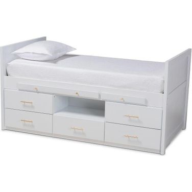 Baxton Studio Mirza Modern And Contemporary White Finished Wood 5 Drawer Twin Size Storage Bed With Pull Out Desk
