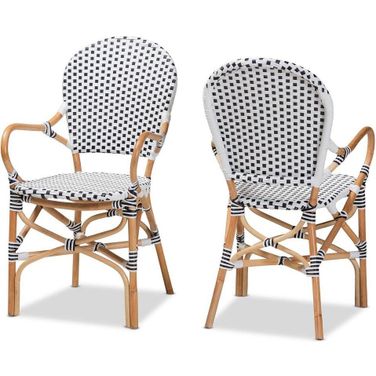 Baxton Studio Naila Classic French Black and White Weaving and Natural Brown Rattan 2-Piece Dining Chair Set