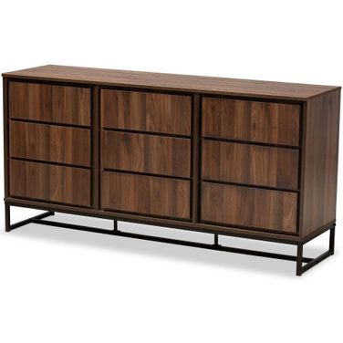 Neil Modern And Contemporary Walnut Brown Wood And Black Finished Metal 3 Door Dining Room Sideboard Buffet