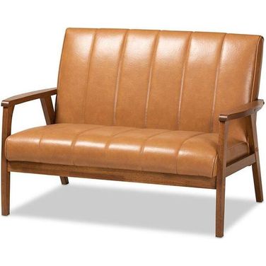 Baxton Studio Nikko Mid-century Modern Tan Faux Leather Upholstered and Walnut Brown finished Wood Loveseat