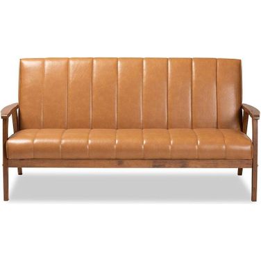 Baxton Studio Nikko Mid-century Modern Tan Faux Leather Upholstered and Walnut Brown finished Wood Sofa