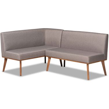 Baxton Studio Odessa Mid-Century Modern Grey Fabric Upholstered and Walnut Brown Finished Wood 2-Piece Dining Corner Sofa Bench
