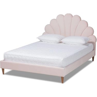 Baxton Studio Odille Modern Glam Light Pink Velvet Upholstered Walnut Brown Finished Wood Queen Size Seashell Shaped Platform Bed