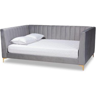 Baxton Studio Oksana Modern Contemporary Glam and Luxe Light Grey Velvet Fabric Upholstered and Gold Finished Queen Size Daybed