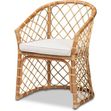 Baxton Studio Orchard Modern Bohemian White Fabric Upholstered and Natural Brown Rattan Dining Chair