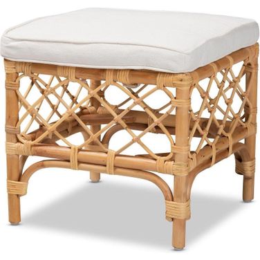 Baxton Studio Orchard Modern Bohemian White Fabric Upholstered and Natural Brown Rattan Ottoman