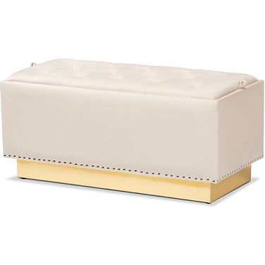 Baxton Studio Powell Glam and Luxe Beige Velvet Fabric Upholstered and Gold PU Leather Storage Ottoman