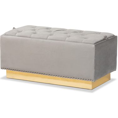 Baxton Studio Powell Glam and Luxe Grey Velvet Fabric Upholstered and Gold PU Leather Storage Ottoman