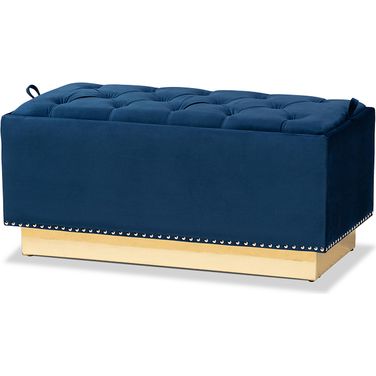 Baxton Studio Powell Glam and Luxe Navy Blue Velvet Fabric Upholstered and Gold PU Leather Storage Ottoman