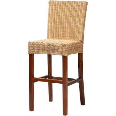 Baxton Studio Racquel Modern Bohemian Natural Rattan And Mahogany Wood Bar Stool