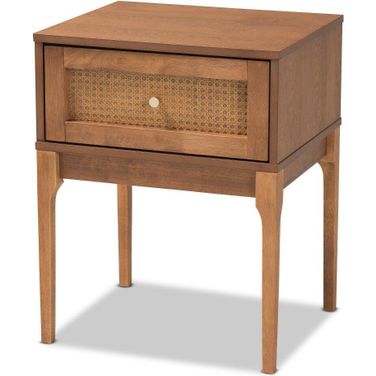 Baxton Studio Ramiel Mid-Century Modern Ash Walnut Finished Wood And Rattan 1-Drawer Nightstand