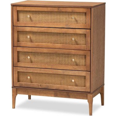 Baxton Studio Ramiel Mid-Century Modern Ash Walnut Finished Wood And Rattan 4-Drawer Chest