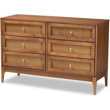 Baxton Studio Ramiel Mid-Century Modern Ash Walnut Finished Wood And Rattan 6-Drawer Dresser