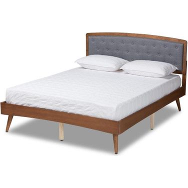 Baxton Studio Ratana Mid Century Modern Transitional Grey Fabric Upholstered And Walnut Brown Finished Wood King Size Platform Bed