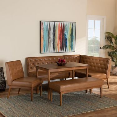 Baxton Studio Riordan Mid-Century Modern Tan Faux Leather Upholstered And Walnut Brown Finished Wood 5-Piece Dining Nook Set