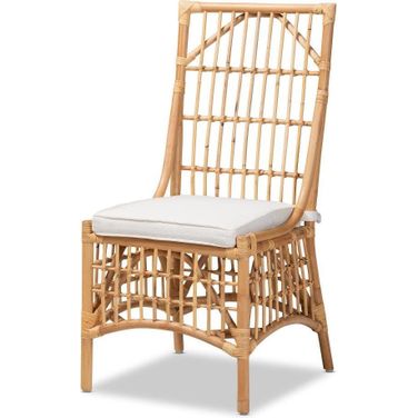 Baxton Studio Rose Modern Bohemian White Fabric Upholstered and Natural Brown Rattan Dining Chair