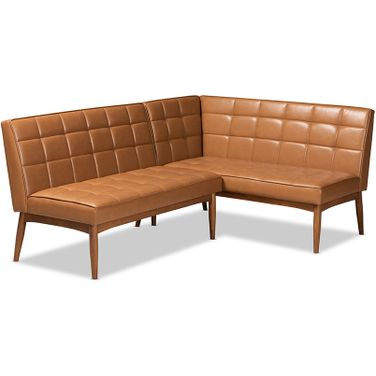 Baxton Studio Sanford Mid-Century Modern Tan Faux Leather Upholstered and Walnut Brown Finished Wood 2-Piece Dining Nook Banquette Set