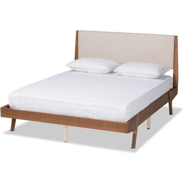 Baxton Studio Senna Mid Century Modern Beige Fabric Upholstered and Walnut Brown Finished Wood Queen Size Platform Bed