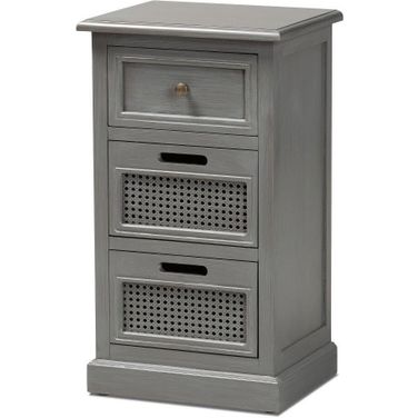 Baxton Studio Sheldon Modern And Contemporary Vintage Grey Finished Wood And Synthetic Rattan 3-Drawer End Table