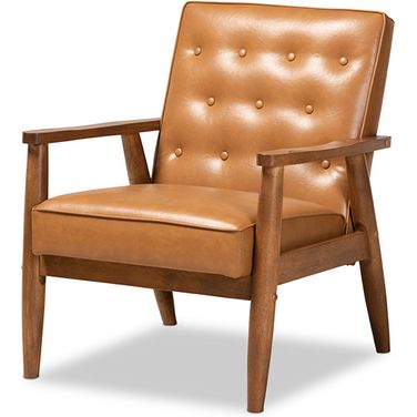 Baxton Studio Sorrento Mid-Century Modern Tan Faux Leather Upholstered and Walnut Brown Finished Wood Lounge Chair