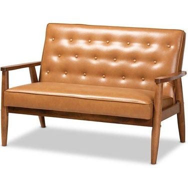 Baxton Studio Sorrento Mid-Century Modern Tan Faux Leather Upholstered and Walnut Brown Finished Wood Loveseat