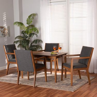 Baxton Studio Theresa Mid Century Modern Dark Grey Fabric Upholstered and Walnut Brown Finished Wood 5 Piece Dining Set