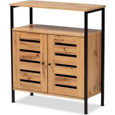 Baxton Studio Vander Modern and Contemporary Oak Brown Finished Wood and Black Metal 2-Door Shoe Cabinet