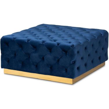 Baxton Studio Verene Glam and Luxe Royal Blue Velvet Fabric Upholstered Gold Finished Square Cocktail Ottoman