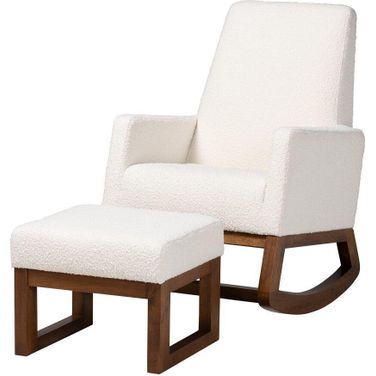 Baxton Studio Yashiya Mid-Century Modern Off-White Boucle Upholstered And Walnut Brown Finished Wood 2-Piece Rocking Chair And Ottoman Set