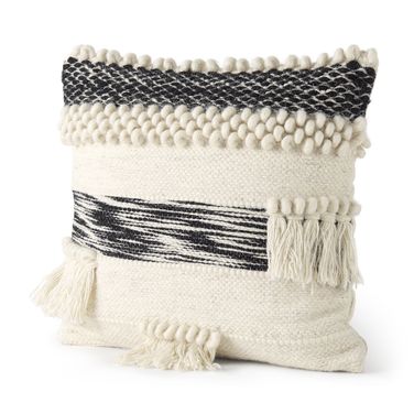 Beardell 18 x 18 Inch Tassels Decorative Pillow Cover In Cream and Black Details